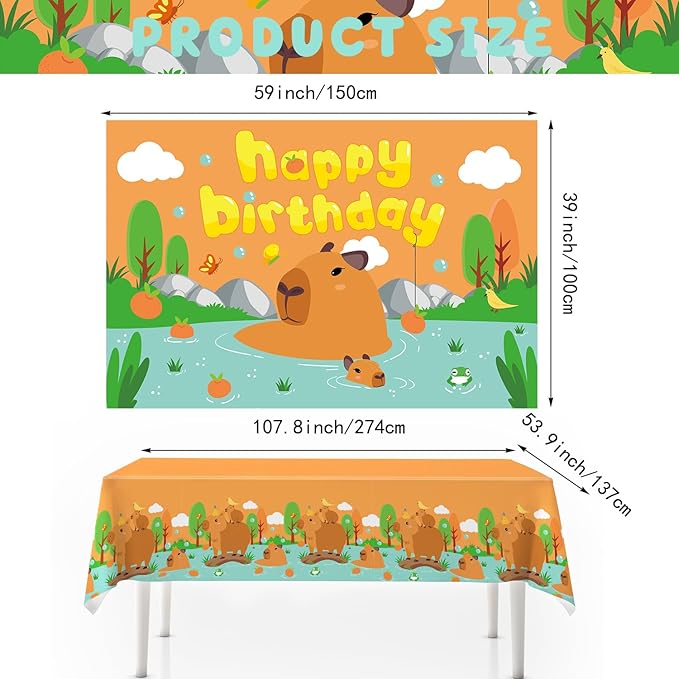 Capybara Birthday Decorations，Capybara Party Supplies，Capybara Party Decorations，Capybara Party Supplies Include Balloons,Backdrop,Banner, Cake Toppers，Tableware, Tablecloth