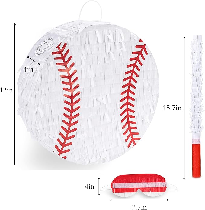 Baseball Pinata Bundle with a Blindfold and Bat (13"x13"x4"), Baseball Pinata for Boys, Perfect for Birthday Party, Sport Theme Party, Decoration