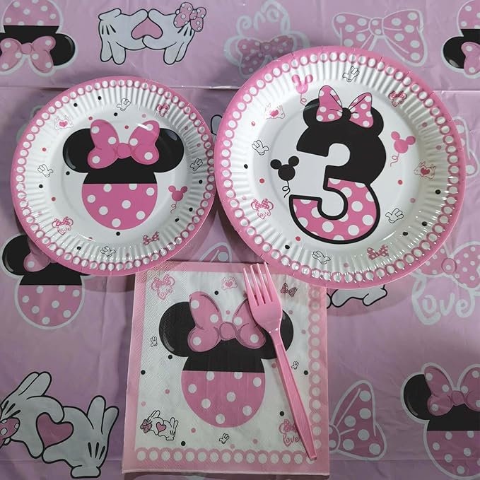 80 Pcs Pink 3rd Birthday Party Tableware Pink Wild Three Paper Plates Napkins Forks for Girls Three Years Old Birthday Party Supplies Decorations