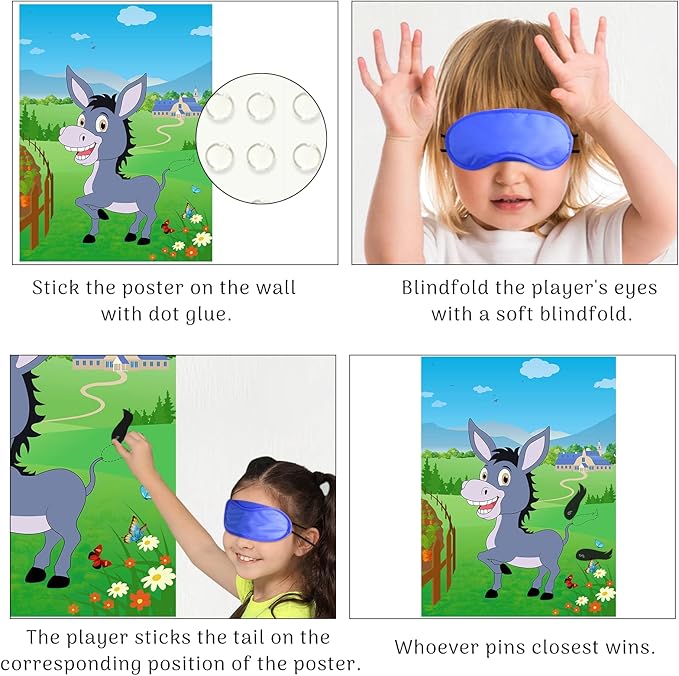 Morcheiong Pin The Tail on The Donkey Party Game with 48pcs Tails for Kids Birthday Party Supplies Donkey Party Favors Farm Party Decorations