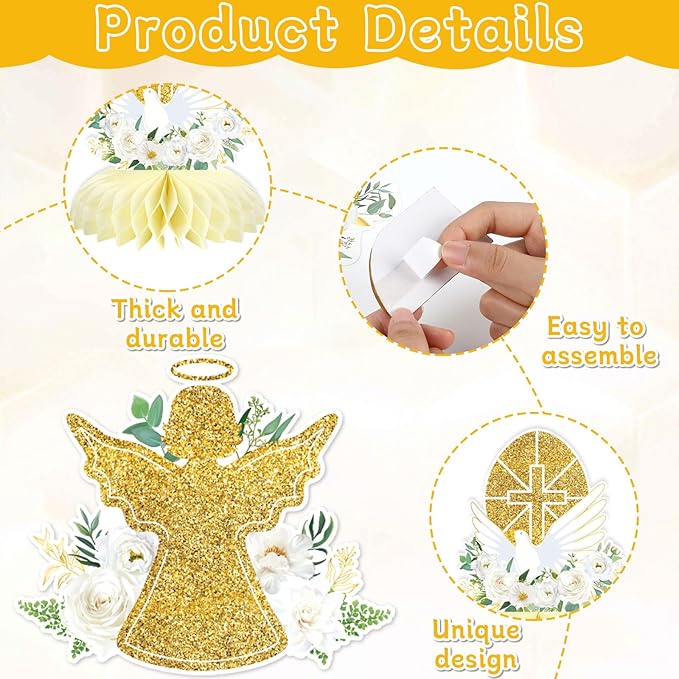 party greeting 14Pcs White Gold Floral Decoration Honeycomb Centerpieces God Baptism Decoration God Bless Centerpieces for Table Decoration First Communion Party Supply Centerpieces Double Side Table