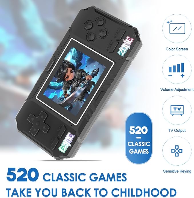 JKV Handheld Game Consoles - 520 Retro Classic Video Games, 1020mAh Rechargeable Battery 2.8" HD Screen, Portable Travel Games Mini Arcade Pocket Player, Support TV, Present for Kids & Adults (Black)