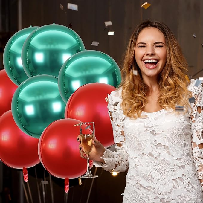 KALOR 22 Inch Red and Green Foil Balloons, 10 Pcs Large 4D Giant Round Metallic Foil Balloon for Birthday Party Baby Shower Graduation Party Decorations