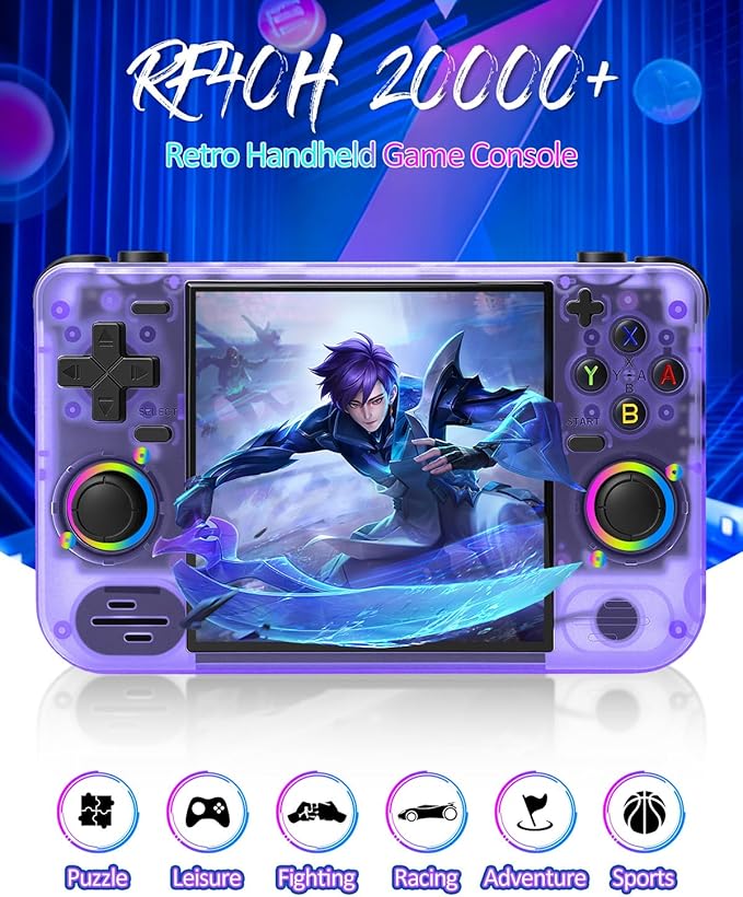 RF40H Retro Handheld Game Console, 4.0 Inch HD IPS Screen, Retro Classic Game, Linux-Powered Portable Game Handheld with 4000mAh Battery, Supports WiFi Connection (Purole-64G)