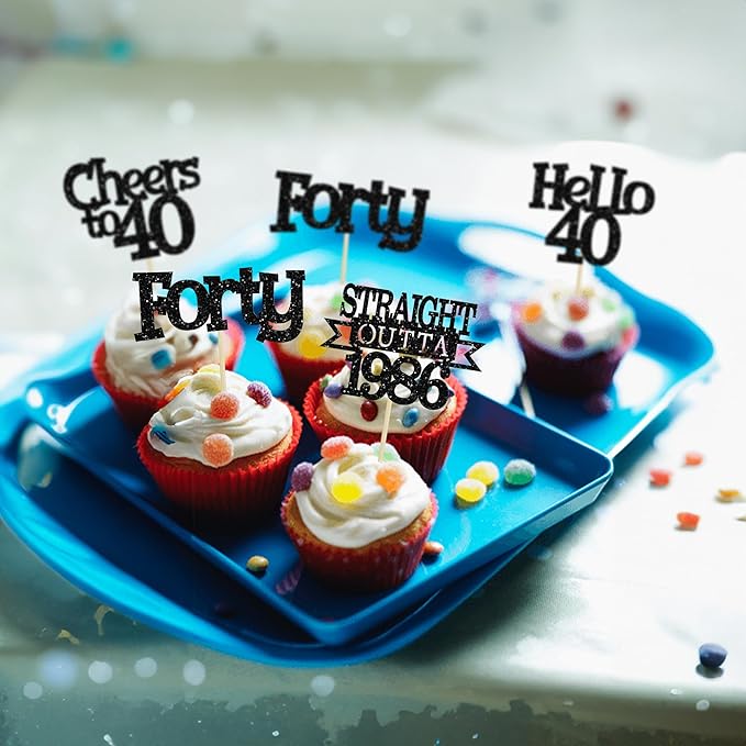 Ephlyn 24Pcs Happy 40th Birthday Cupcake Toppers Glitter Forty Cupcake Picks Hello 40 Cheers to 40 Years Birthday Cake Decorations for 40th Birthday Anniversary Party Supplies Black