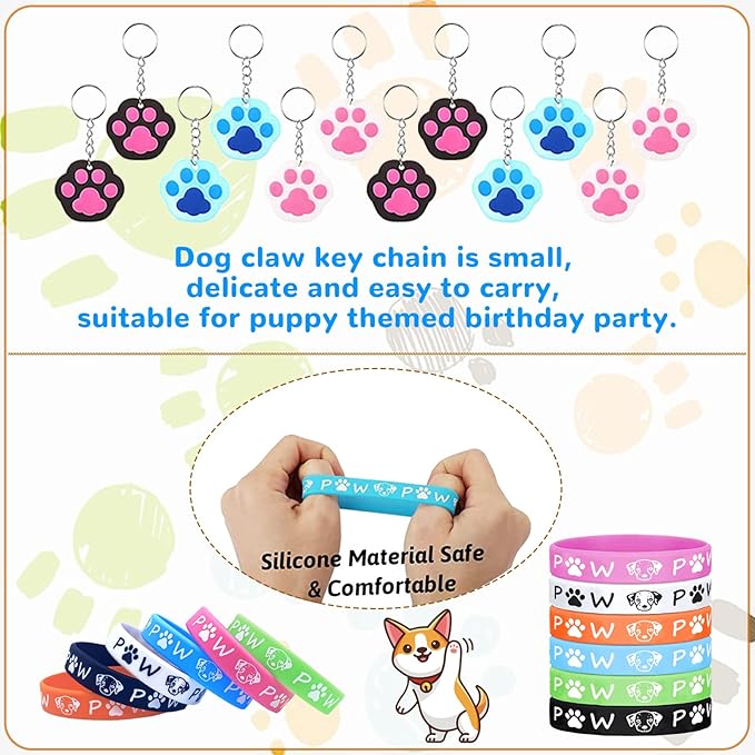 122Pcs Dog Party Favors Gift Set for Kids Dogs Birthday Party Supplies Include 12 Dogs DIY Face Stickers 12 Dogs Bags 12 Keychains 12 Bracelets 50 Stickers for Puppy Parties Favors