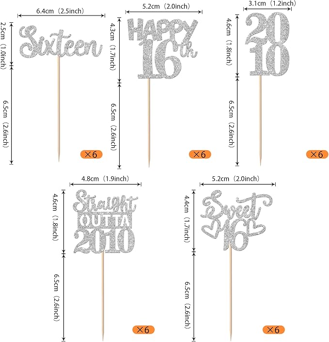 30PCS 16th Birthday Cupcake Toppers Glitter Sixteen Happy 16th Straight Outta 2010 Cupcake Picks for Cheers to 16 Years 16 th Birthday Wedding Anniversary Party Cake Decorations Supplies Silver
