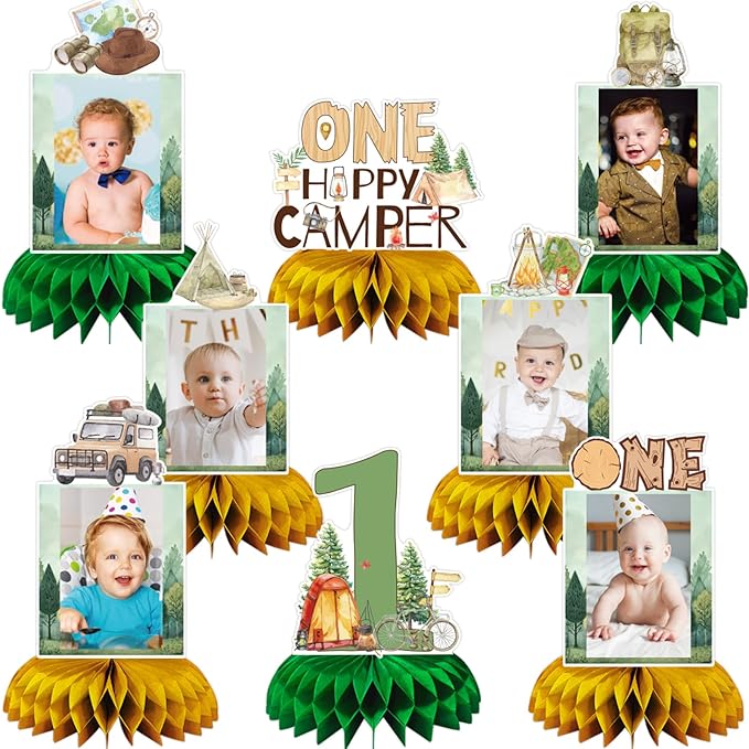 One Camper Birthday Decorations, 8pcs Camping 1st Birthday Photo Table Honeycomb Centerpiece for Camping Camper Campfire Theme One Year Old Birthday Party Supplise