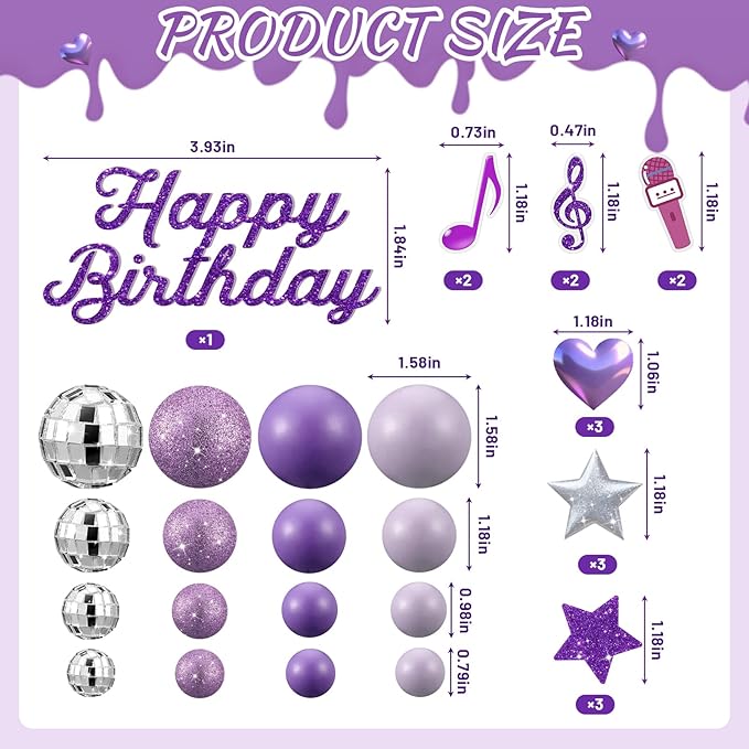 Leinuosen 76 Pcs Kpop Cake Topper Popular Singer Birthday Cake Decoration with Purple Disco Balls Pop Music Birthday Party Decoration Kpop Theme Party Supplies