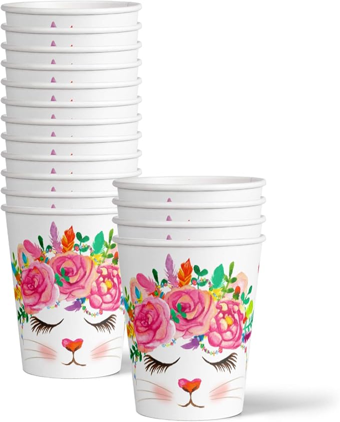 Kitten Kitty Cat Floral Birthday Party Supplies Set - Cat Birthday Party for Girl - Kitten 1st Birthday Party - Spring Party - Boho Party - Tableware Includes Plates, Napkins and Cups | Kit for 16