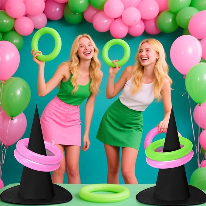 Leitee 25 Pcs Witch Hat Ring Toss Games Set Halloween Party Favors Pink and Green Party Decorations 5 Black Oxford Fabric Wizard Hats with 20 Inflatable Rings for Girls Women Birthday Movie