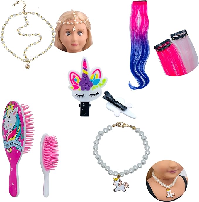 18 inch Doll Hair Accessories for American OG Dolls Hair Brush Rainbown Unicorn Kit Accessories Girl Dolls-Shaped Head Children's Gift（No Doll）