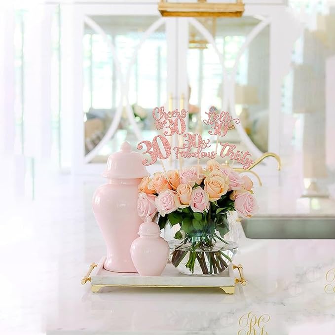 15PCS Happy 30th Birthday Centerpiece Sticks Thirty Hello 30 Cheers to 30 Table Flower Centerpieces Sticks 30 Fabulous Floral Decorations for Happy 30th Birthday Party Centerpieces Supplies Rose Gold