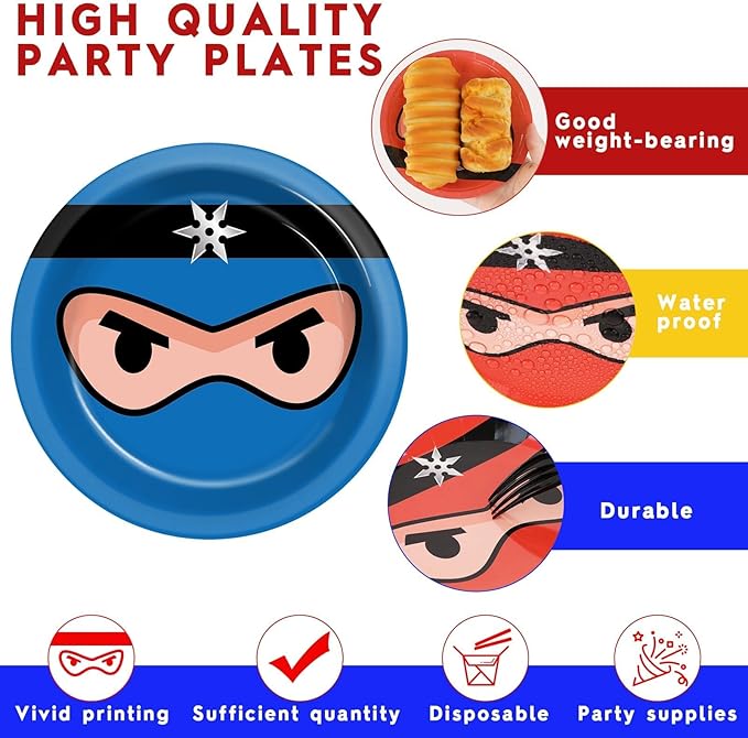 72PCS Ninja Birthday Plates Karate Party Supplies Ninja Warrior Tableware Master Plates Disposable Paper Dessert Plates for Boys Girls Kids Baby Shower Favors 6.7 * 6.7inch