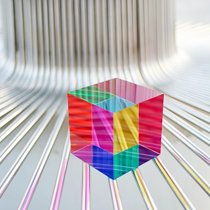 CMY Colorful Cube, 3.93 inch (100mm) Acrylic Mixing Color Cube Prism for Physics Education Learning and Office Desktop Decor, Scientific Toys and Gifts for Kids