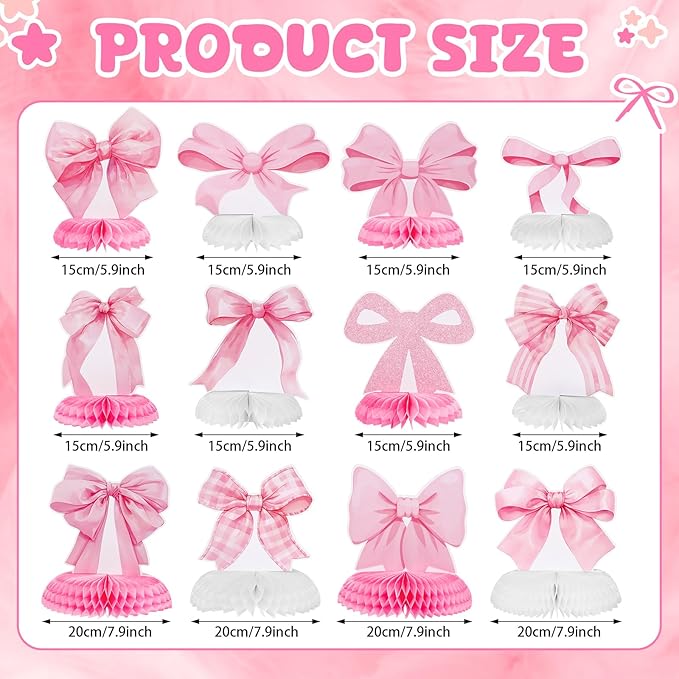 12 Pcs Pink Bow Party Honeycomb Centerpieces Pink Bow Table Centerpieces Coquette Theme Birthday Decorations Bow Party Decorations for Birthday Bachelorette Wedding Mothers Day Party Supplies