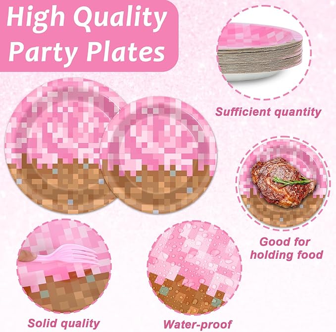 96Pcs Pixel Girl Birthday Plates and Napkins Mining Party Decorations Video Game Paper Tableware Set Pink Pixel Themed Disposable Dinnerware kit for Baby Shower Party Supplies Serve 24