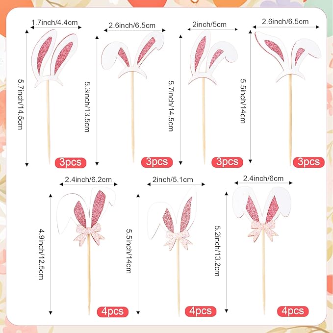 Easter Cupcake Toppers, 24 Pcs Easter Bunny Ear Cupcake Toppers, Glitter Pink Rabbit Ears Cupcake Picks Topper Easter Bunny Rabbit Cake Decorations for Easter Girls Birthday Party Decorations Supplies