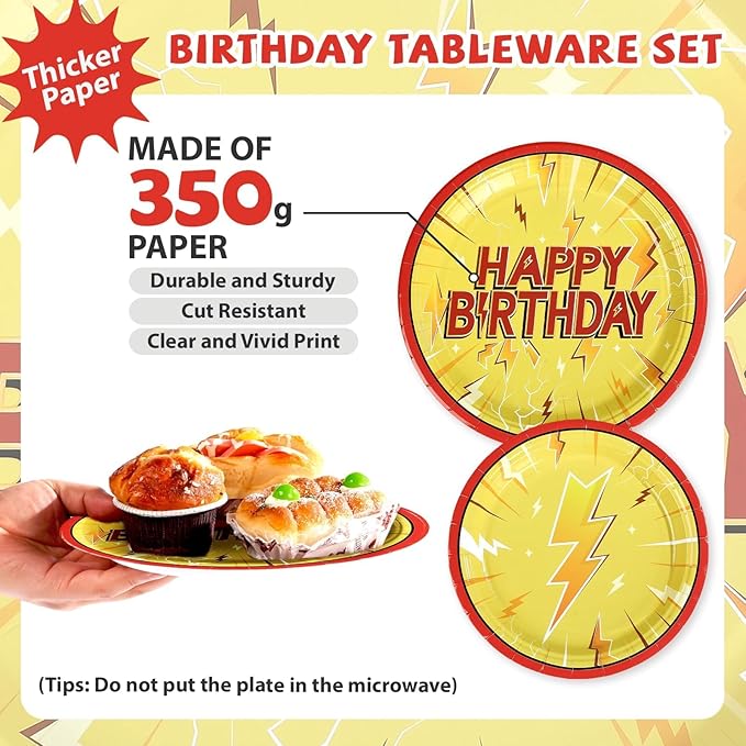 168 Pcs Lightning Bolt Birthday Party Decorations Lightning Paper Plates and Napkins Yellow Red Cartoon Tableware Set for Light Birthdays Baby Shower Party Supplies, Serves 24