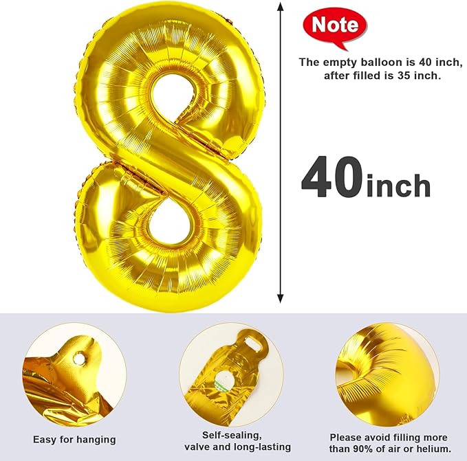 40 Inch Number 8 Balloon, Gold 8 18 28 80 Birthday Balloons for Men Boys, 8th Birthday Decorations Party Supplies, Wedding, Graduations