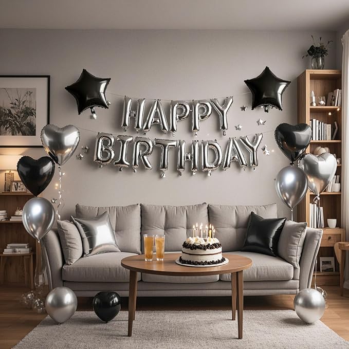 27 Pcs Silver Black Birthday Decorations, 3D Letters Silver Happy Birthday Balloon Banner, Pentagram Heart Foil Balloons Confetti Balloons Kit For Boys Girls Party Supplies