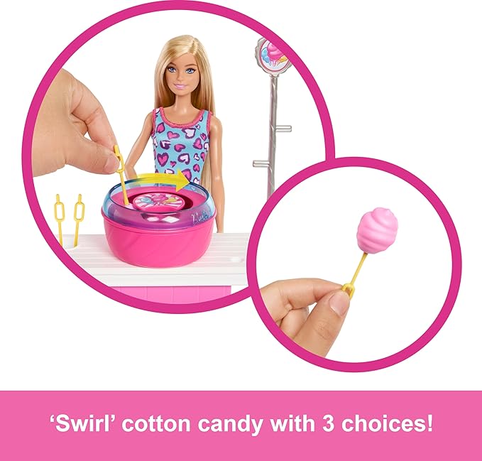 Barbie Mysteries: Beach Detectives Malibu Doll & Cotton Candy Game Booth Playset with 20 Accessories Including Prizes