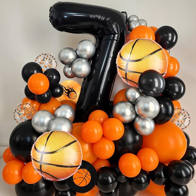 Basketball Balloons, Orange Black Metallic Silver Confetti Balloons with Basketball Foil Balloon for Boy Birthday Sport Party Graduation Baby Shower Backdrop