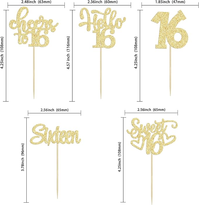 30pcs 16th Birthday Cupcake Toppers - Sixteen Happy 16th Cupcake Picks - Cheers to Sweet 16 Cake Decorations - Gold Glitter
