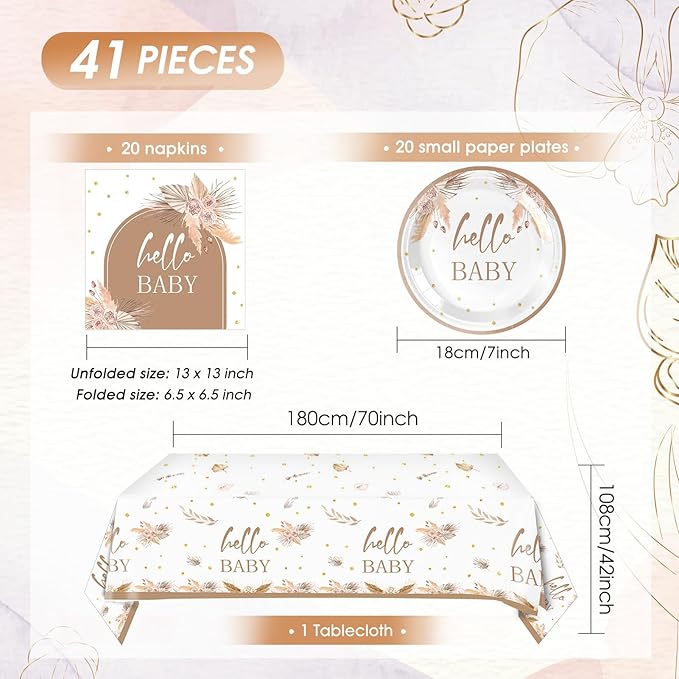 41Pcs Boho Baby Shower Decorations Bohemian Floral Pampas Grass Theme Tableware Neutral Birthday Decorations Boho Flower Paper Plates Napkins Tablecloth丨Boy Girl Birthday Baby Shower Party,Serves 20