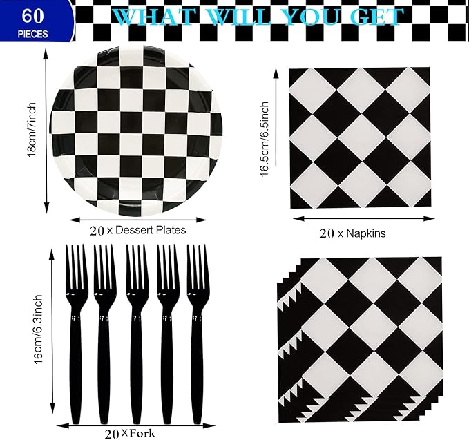 60Pcs Black and White Checkered Race Car Party Supplies,Racing Themed Tableware Set 7"Racing Dessert Paper Plates and Napkins,Fork for Kids Car Sports Race car Themed Birthday Party Decor (Car Set)
