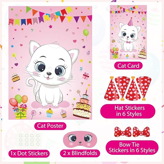 PLULON Cat Party Game for Kids Pin The Hat Bow Tie on The Cat Birthday Game Poster for Boy Girl Birthday Summer Party Favors Wall Decorations Classroom Activities