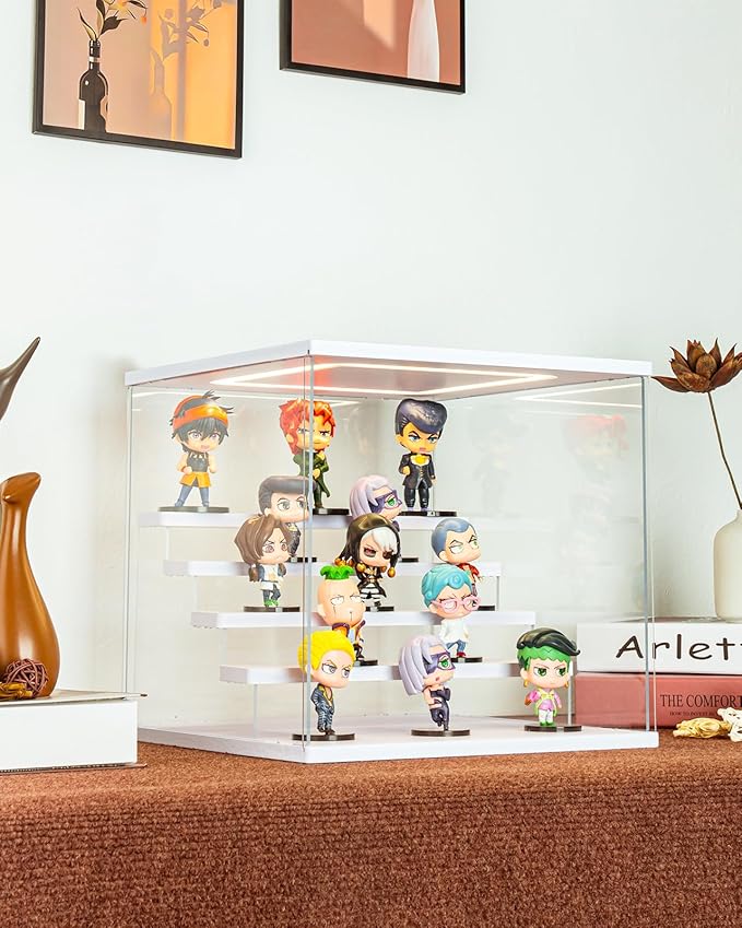 Clear Acrylic Display Case with Light , 5 Tier Display Box Stand Assembly Dustproof Protection Showcase for Collectibles Action Figures (White 12.6×12.2×11.8in; 32×31×30cm)