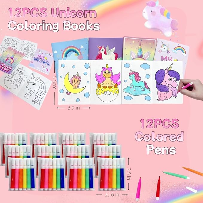 Unicorn Party Favors, 12 Pack Unicorn Birthday Party favors Supplies, Birthday Gifts Bags Coloring Books Slap Bracelets Stickers Bookmarks