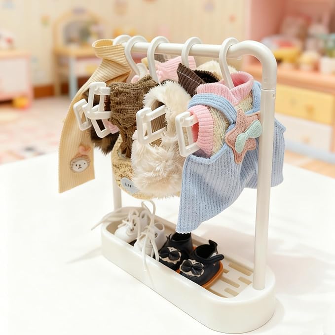 5-Set Clothes Bundle for Doll, Includes 5 Mini Hangs, Large Clear Display Bag with Strap Keychain, 5 Hangers and Rack, Bag, Glasses, Necklace, Shoes Accessories for Dressing up(No Doll)