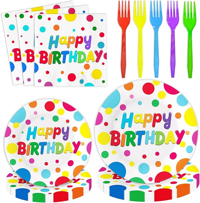 100 Pcs Birthday Colorful Dots Plates Napkins Forks, Disposable Happy Birthday Dots Tableware Set Party Supplies
