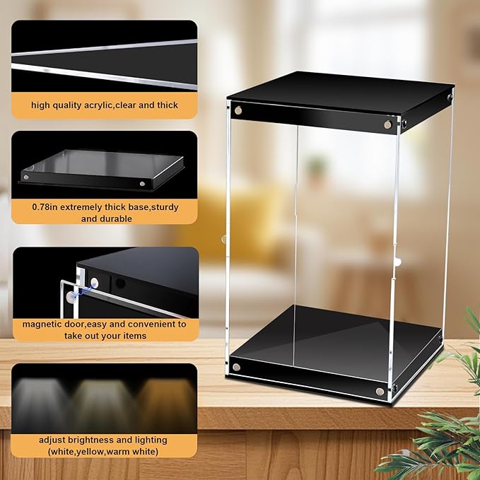 Clear Acrylic Display Case with LED Light for Trophy Collectibles，Easy Assemble Cube Display Box Dust Proof Protection Showcase for Action Figures Toys 8" Lx8 Dx12 H