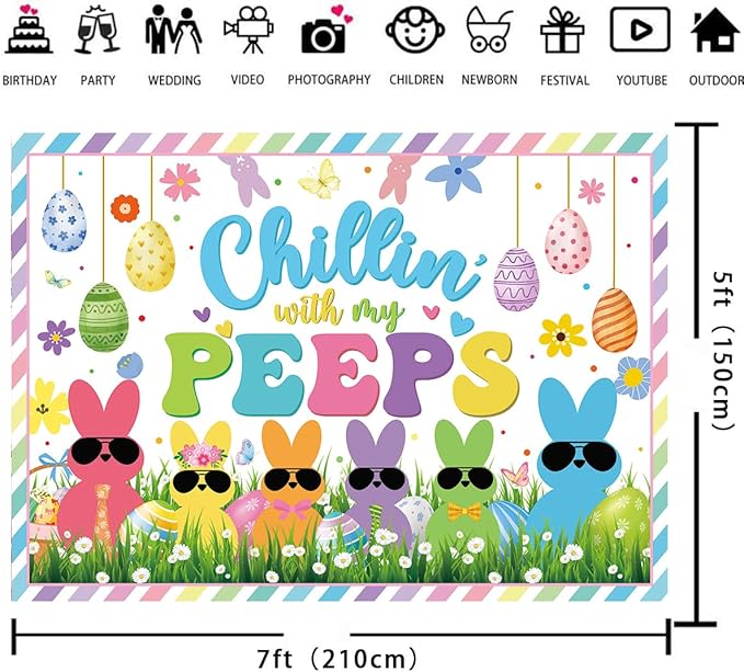 Chillin with My Peeps Banner Backdrop 7x5FT Bunny Happy Easter Peeps Background Spring Party Decorations Supplies Photo Props