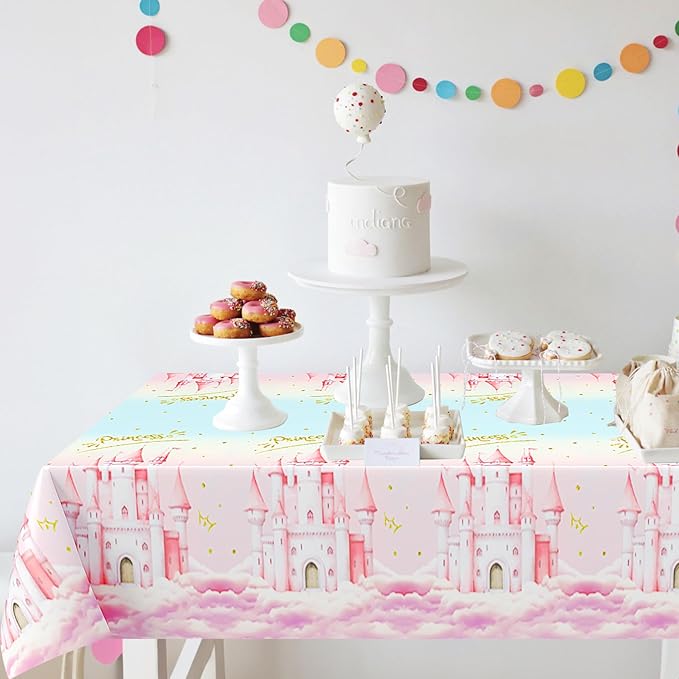 3pcs Princess Party Tablecloth, 54 x 108 Inch Pink Castle Plastic Table Cover, Princess Birthday Party Decorations for Fairytale Themed Party, Baby Shower, Girls Birthday Party Supplies