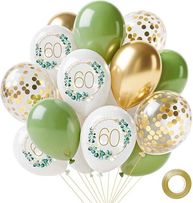 Sage Green Balloons, 14pcs 12inch Sage Green White Metallic Gold Confetti Balloons with Number 60 Printed for Men Women Boho 60th Birthday Wedding Bridal Baby Shower Party Decorations