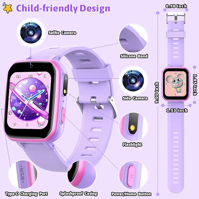 zicor Kids Game Watch Gift with 26 Puzzle Games, Dual Camera, Music Player, Pedometer, Video Recorder, Flashlight, Alarm Clock,Educational Toy for Boys Girls Age 4-12 Years Old,Birthday