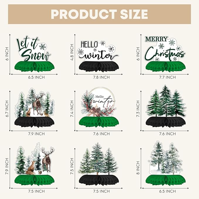 Horaldaily 9PCS Christmas Party Table Decoration Centerpieces, Merry Christmas Xmas Trees Deer Squirrel Rabbit Honeycomb Centerpieces Table Toppers for Christmas Themed Birthday Party