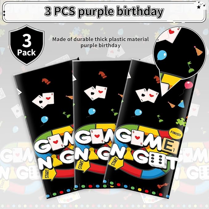 Grencian 3Pcs Family Game Night Party Tablecloth Game Night Table Cover Plastic Rectangle Gaming Themed Table Cloth for Kids Boys Gamer Family Gathering Party Decorations, 54 x 108 inch