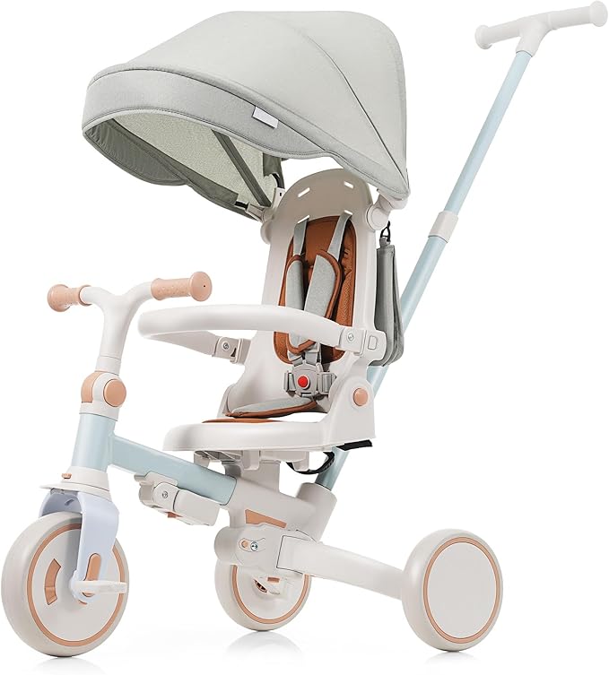 7-in-1 Baby Tricycle with Adjustable Parent Handle - Foldable Toddler Bike w/Removable Canopy & Guardrail, Aluminum Alloy Frame Stroller Bike for 1-6 Years Old (12-72 Months) (Blue)