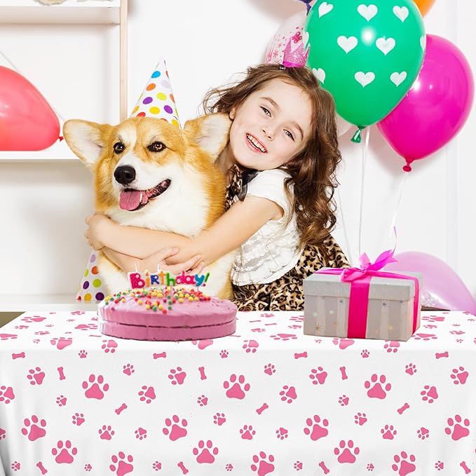 4 Pack Puppy Dog Tablecloth Pink Paw Print Table Cloth Disposable Rectangle Table Cover for Girls Kids Birthday Party Supplies, Puppy Pet Dog Themed Birthday Party Decorations