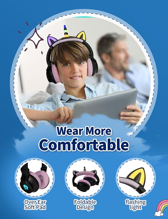 Unicorn Kids Headphones for Girls, Unicorn Bluetooth Headphones Foldable for Girls Toddlers Tablet/pad/Amazon fire,Light Up Kids Wireless Headphone Birthday Gifts (Black)