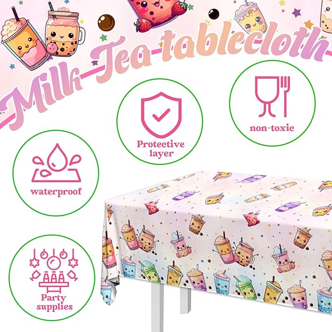 Boba Tea Party Decorations,3pcs Bubble Tea Birthday Tablecloths Waterproof Plastic Boba Table Covers for Boba Party Decorations