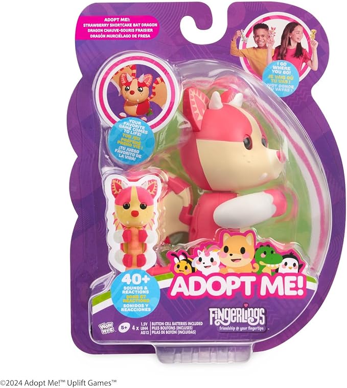 Adopt Me! x Fingerlings, Adopt Me! Strawberry Shortcake Bat Dragon, Legendary Interactive Pet with 40+ Sounds & Reactions (Ages 5+)