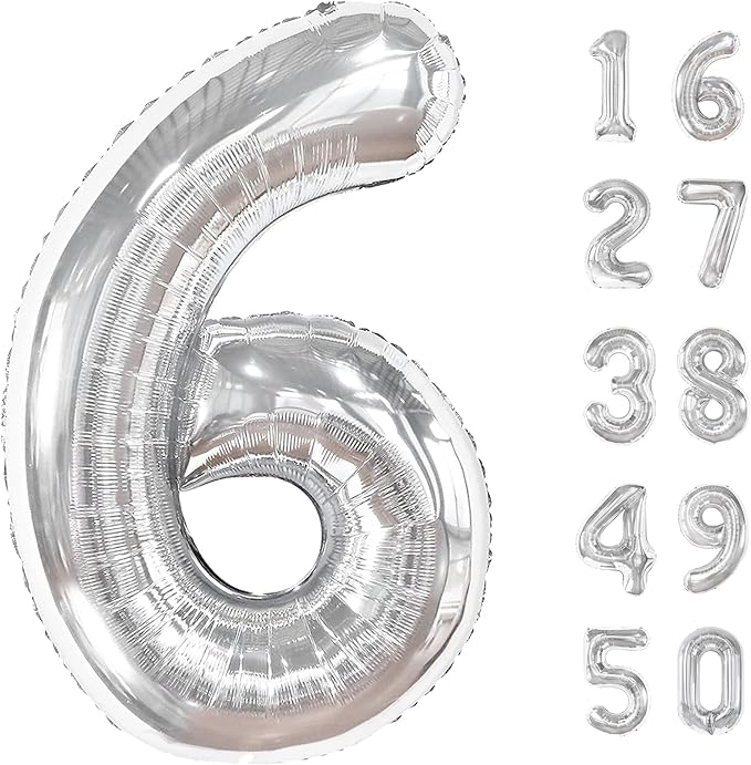 40 Inch Silver 6 Number Balloons Giant number balloons 6 Foil Mylar Helium Large Digital Balloon Gold Birthday Numbers Jumbo Balloons 16th or 61st Anniversary Party Decorations Supplies