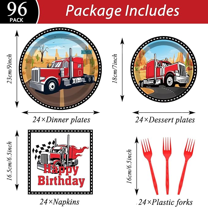 gisgfim 96 Pcs Semi Truck Party Supplies Paper Plates Napkins Tractor Trailer Themed Party Birthday Decorations Favors for Kids Semi Truck Party Decor Serves 24