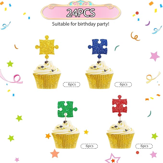 24pcs Puzzle Cupcake Toppers, Primary Colored Puzzle Cupcake Toppers, Colorful Glitter Puzzle Cake Decoration for Baby Shower, Kids Birthday/Autism Themed Party Supplies